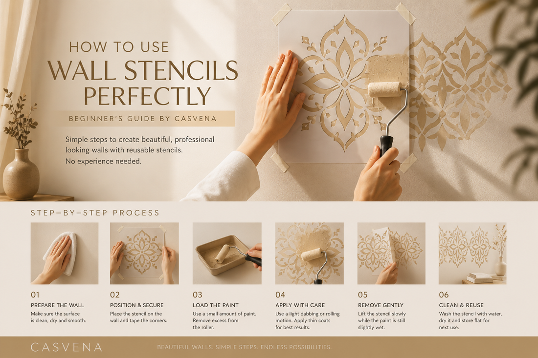 How to use Islamic wall stencils on a beige wall using reusable PVC stencil and foam roller by Casvena