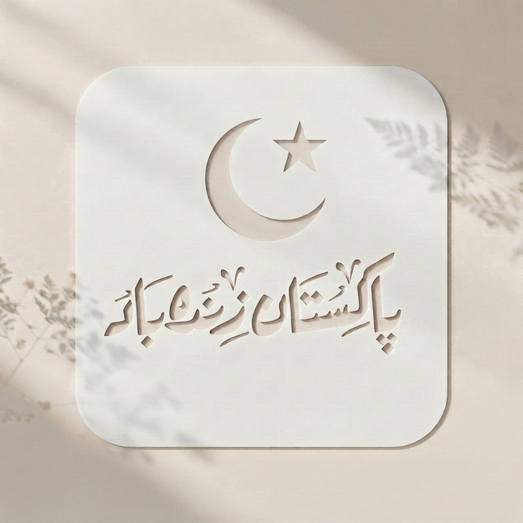 Reusable crescent moon and star stencil with Pakistan Zindabad Urdu calligraphy for 14 August wall decor

