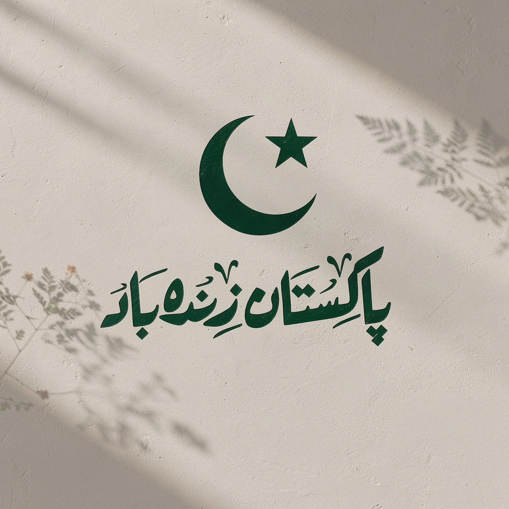 Crescent and star with Pakistan Zindabad Urdu calligraphy canvas art framed on living room wall
