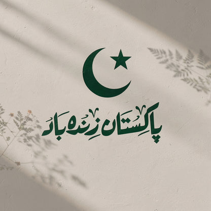Crescent and star with Pakistan Zindabad Urdu calligraphy canvas art framed on living room wall
