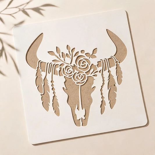 Feathered Cow Skull Stencil for Wall & Canvas Art