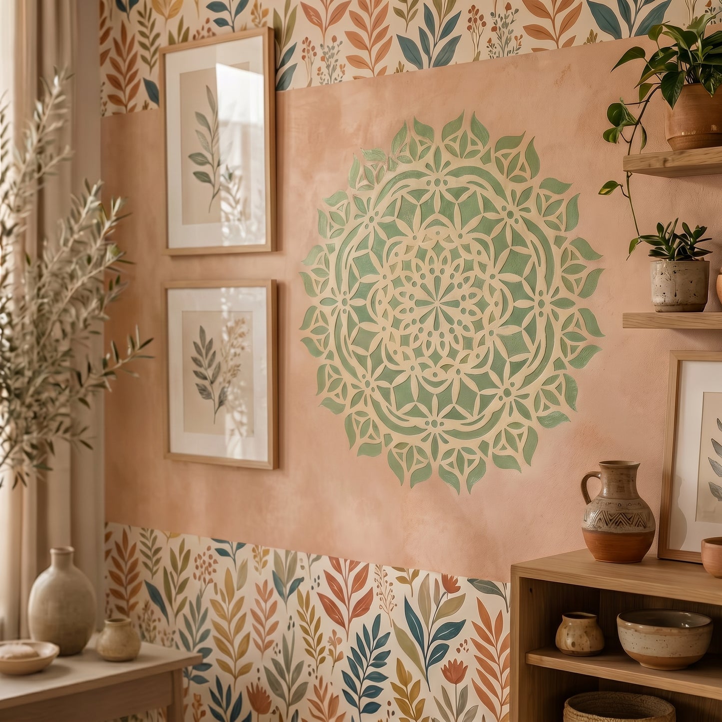 Reusable mandala art stencil placed on surface for precise wall and craft design work
