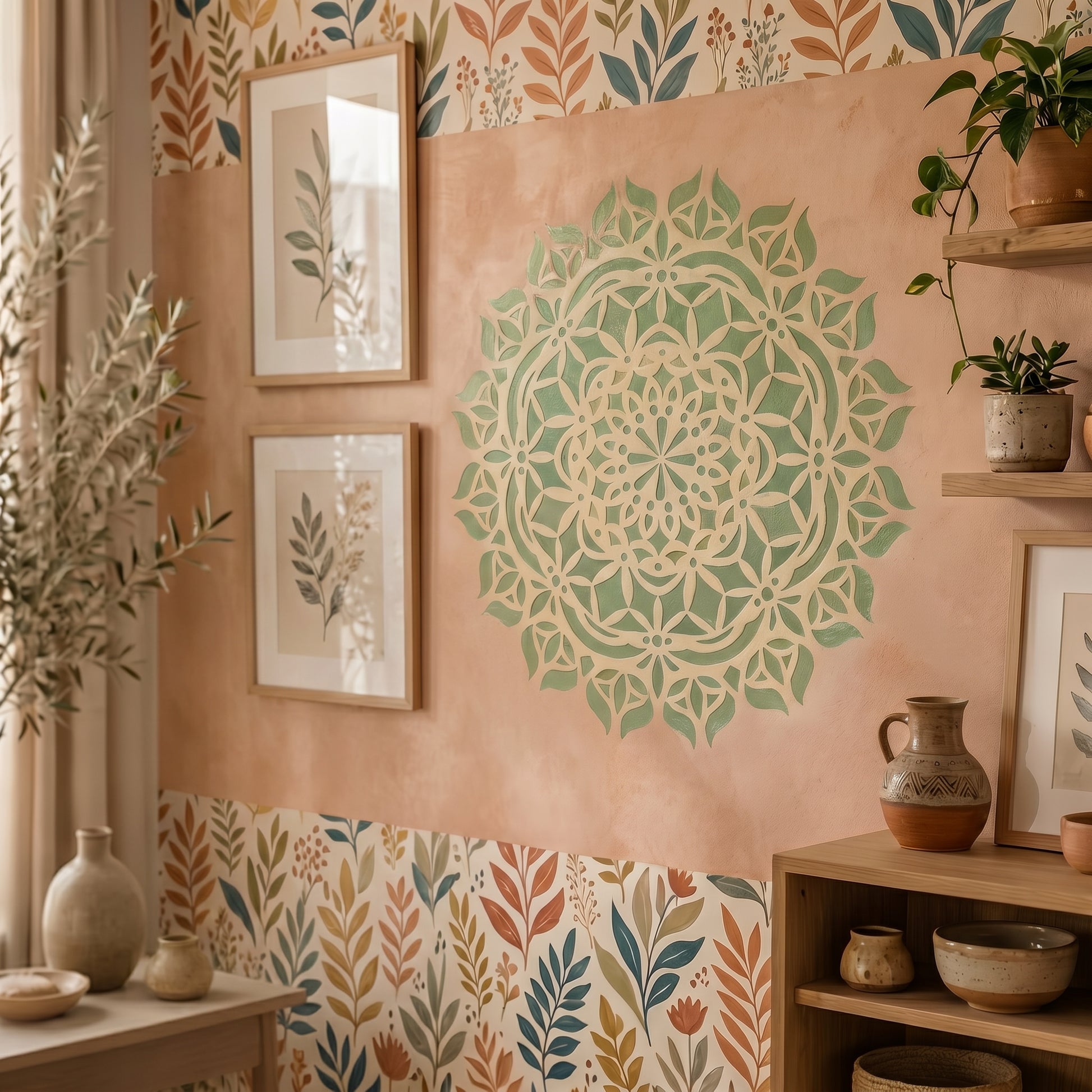 Reusable mandala art stencil placed on surface for precise wall and craft design work

