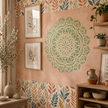Reusable mandala art stencil placed on surface for precise wall and craft design work
