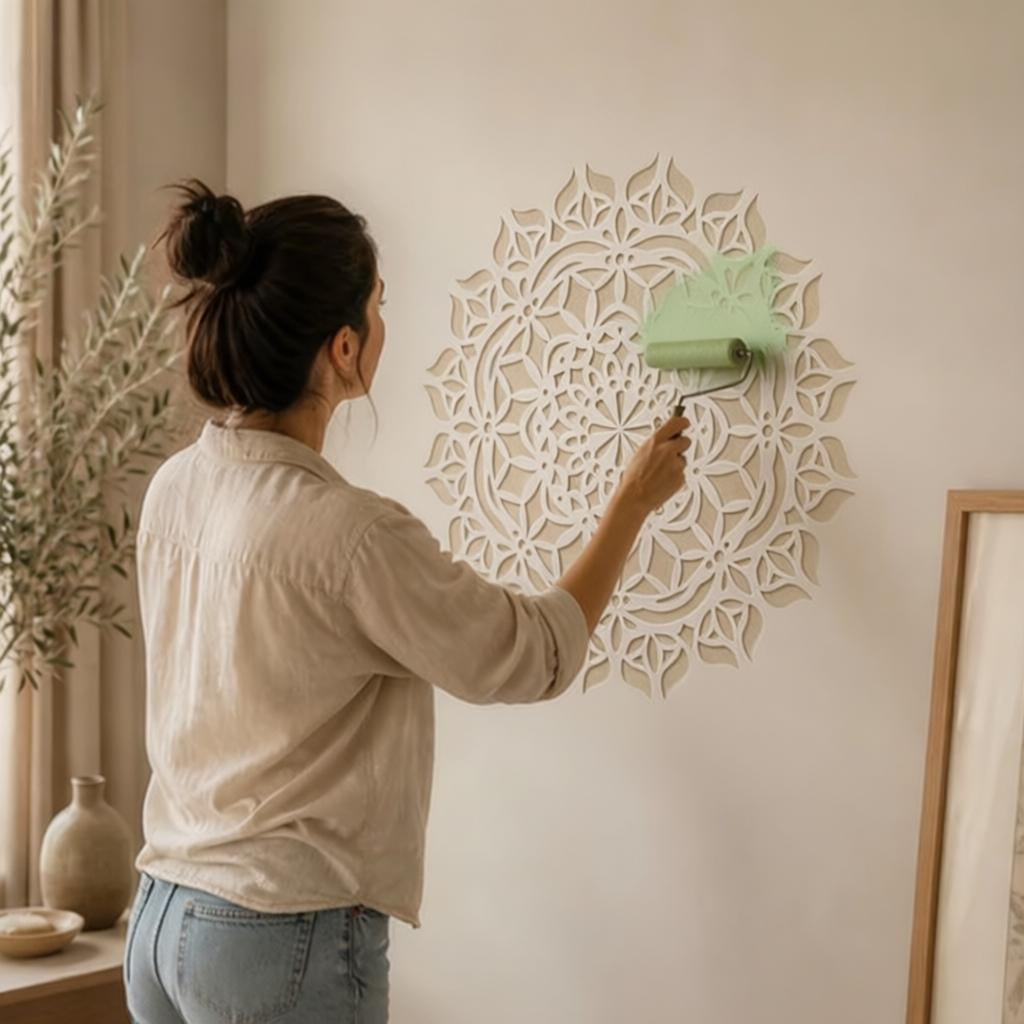 White plastic mandala stencil sheet used for DIY home décor and creative painting projects